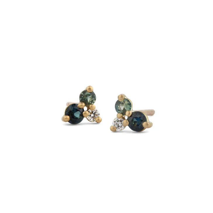 Shimell & Madden 18ct Yellow Gold Blue and Green Sapphire and Diamond Trio Earrings