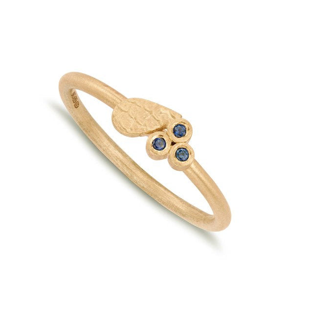 three blue sapphire and catkin textured droplet ring by Alison Macleod displayed on white background