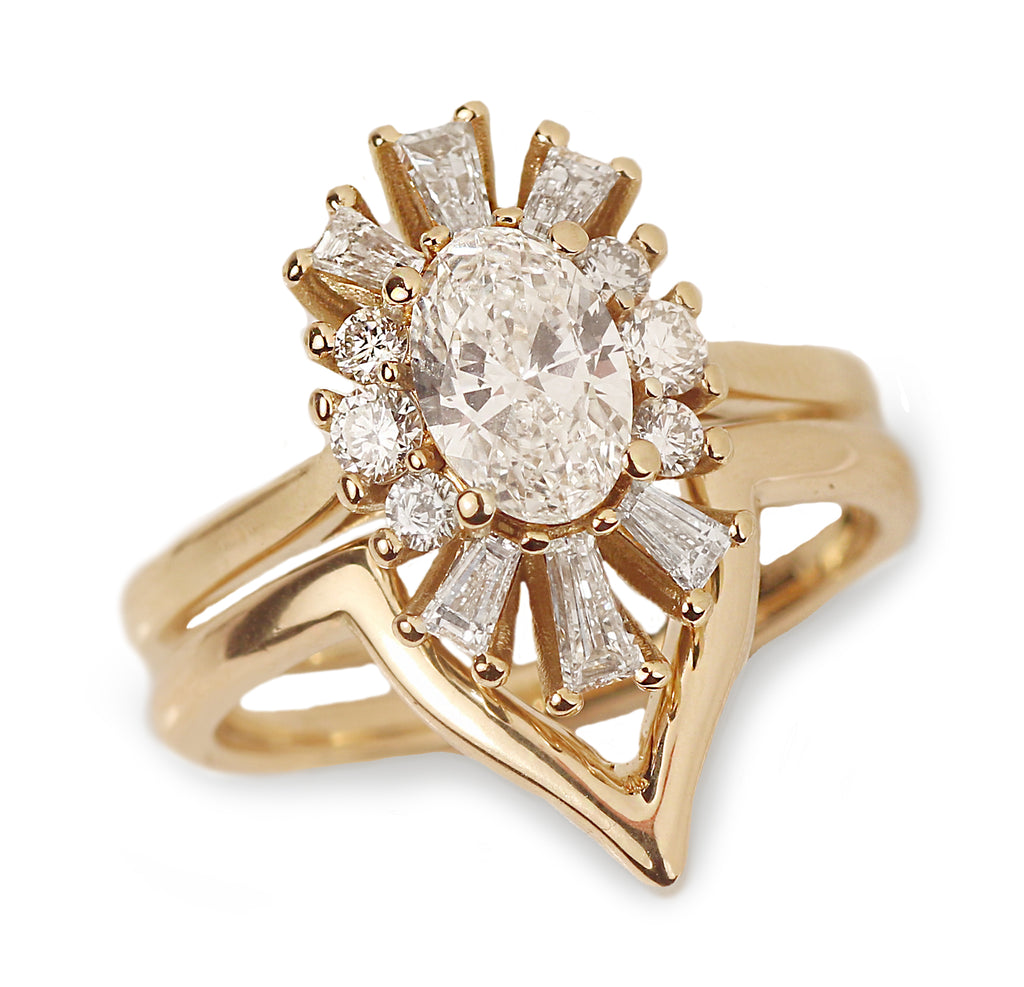 Gold Oval Diamond Ring with art deco feel on a white background 