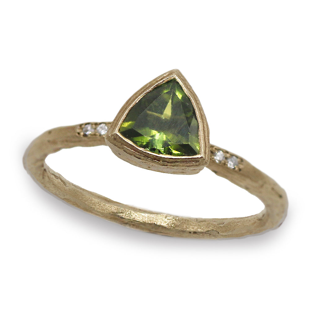 Trillion Cut Green Tourmaline and Diamonds Gold Ring on white background 