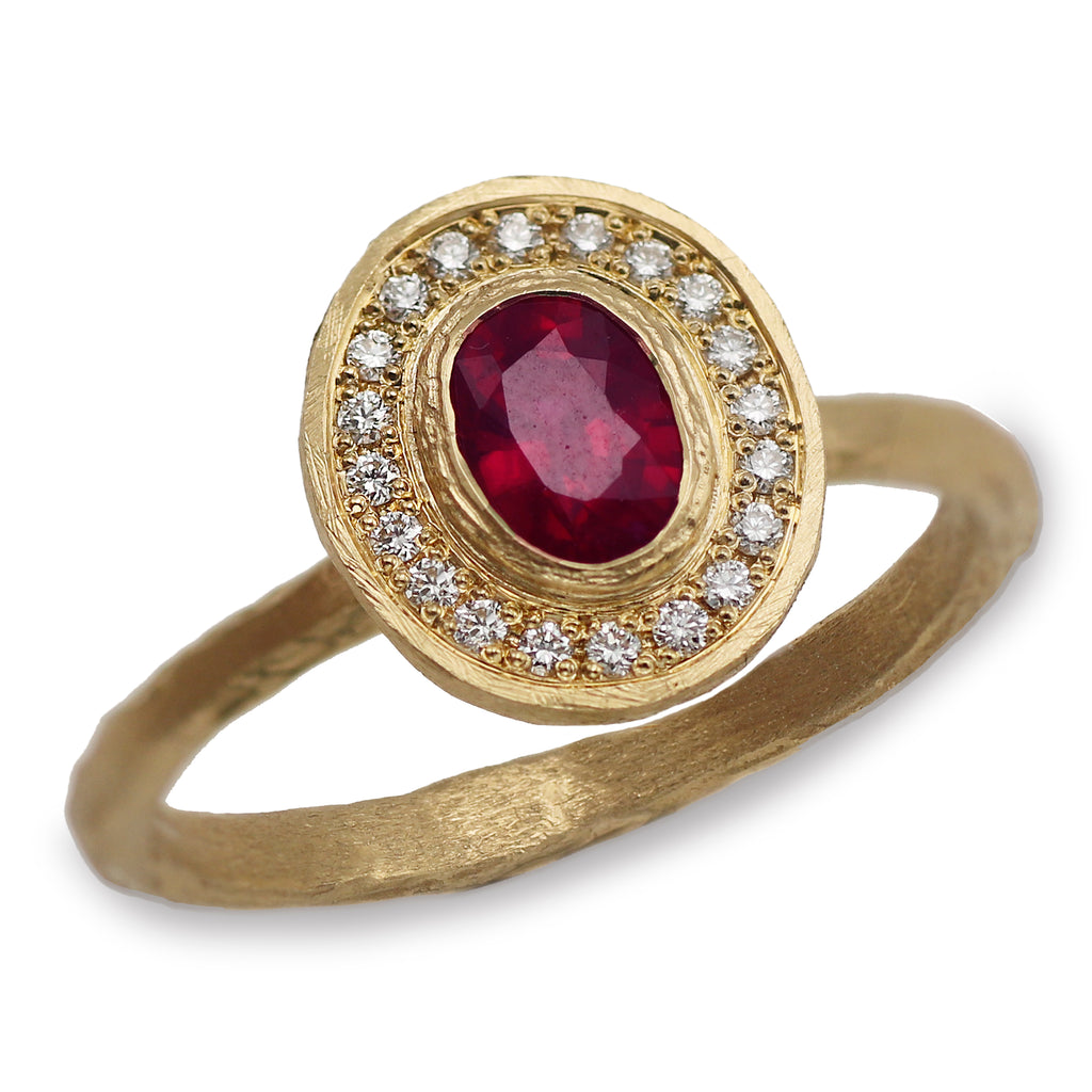 Yellow Gold Oval Shaped Ruby and Diamond Halo Ring