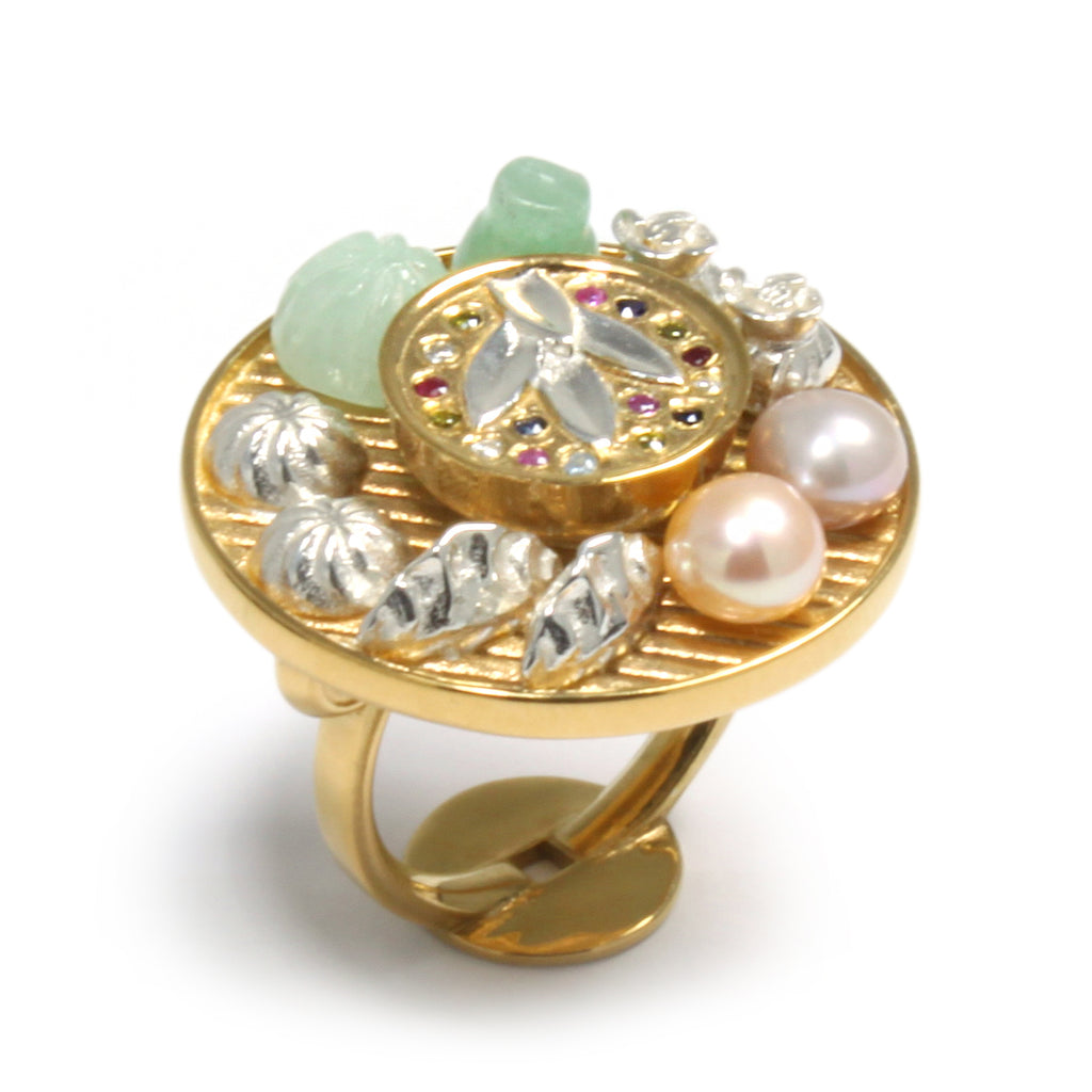 Qiang Li Hot Pot Steamer Ring with Jade, Ruby, Tsavorite and Diamonds