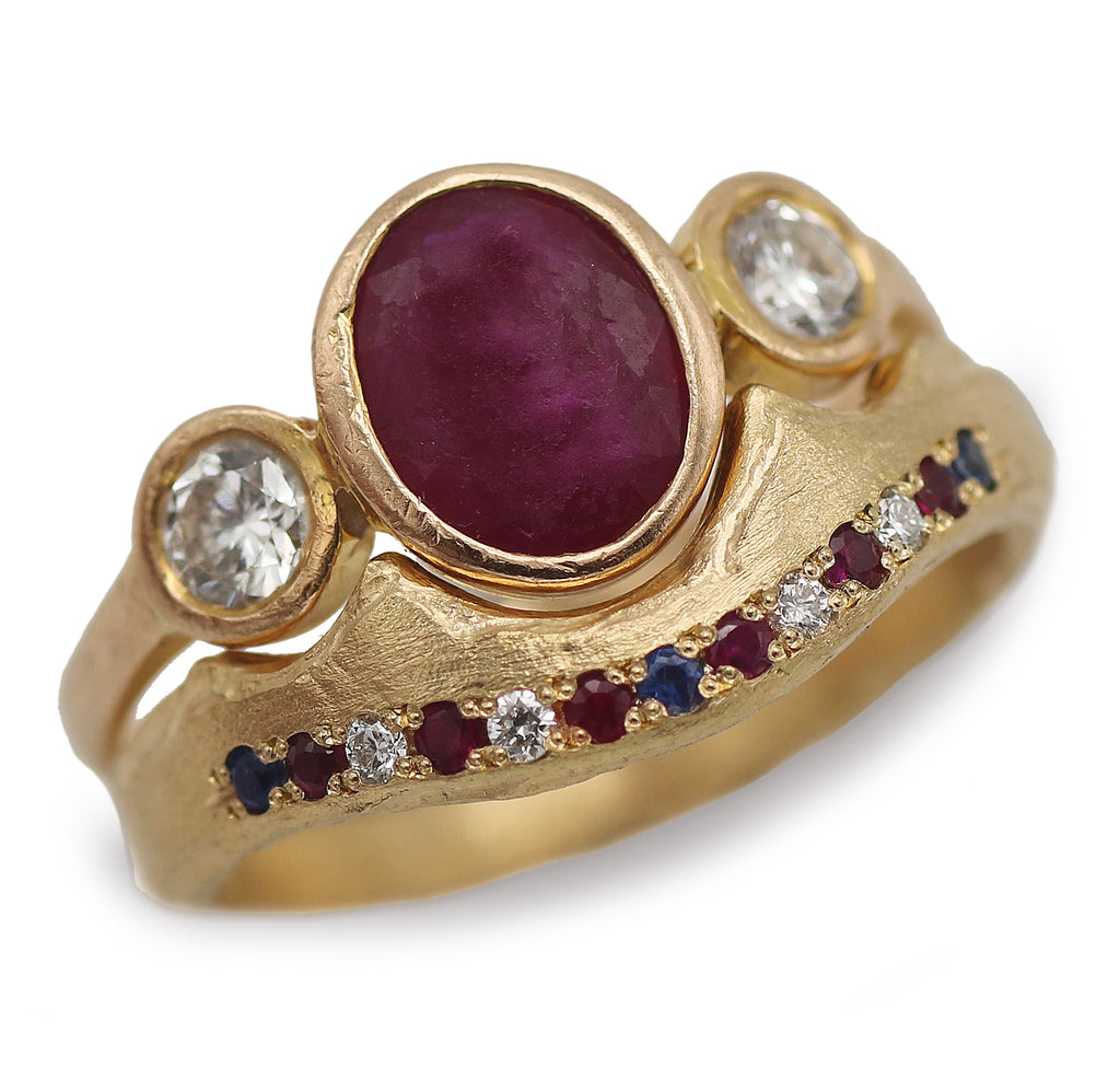 Bespoke - 18ct Yellow Gold Fitted Ring with Rubies, Sapphires and Diamonds.