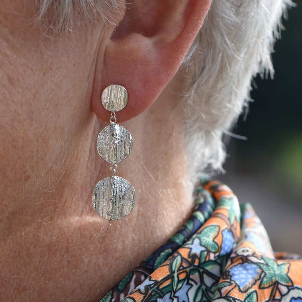 Issy White Triple Drop Silver Oak Earrings