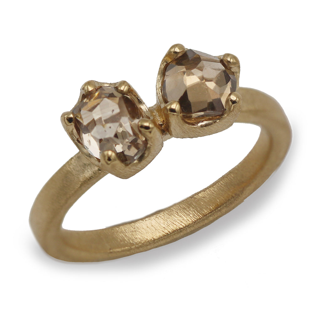 Two champagne diamonds ring made from rich 18ct yellow gold. Modern Two stone ring. 