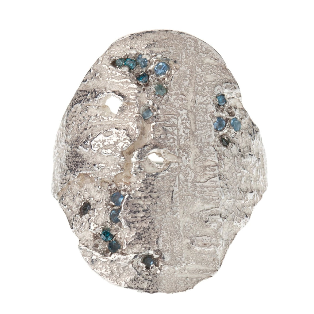 Issy White Silver Shield Ring with Aquamarines, Blue Tourmalines and Blue Diamonds